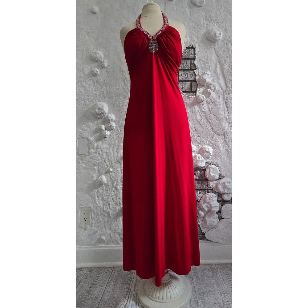Spense Women Red Halter Maxi Dress Beaded Medallion Crystal Neckline Size 12